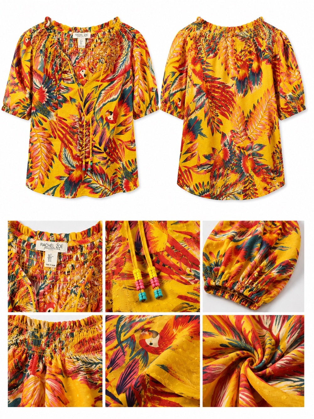 Rachel Zoe Yellow Tropical Tie-Front Peasant Blouse